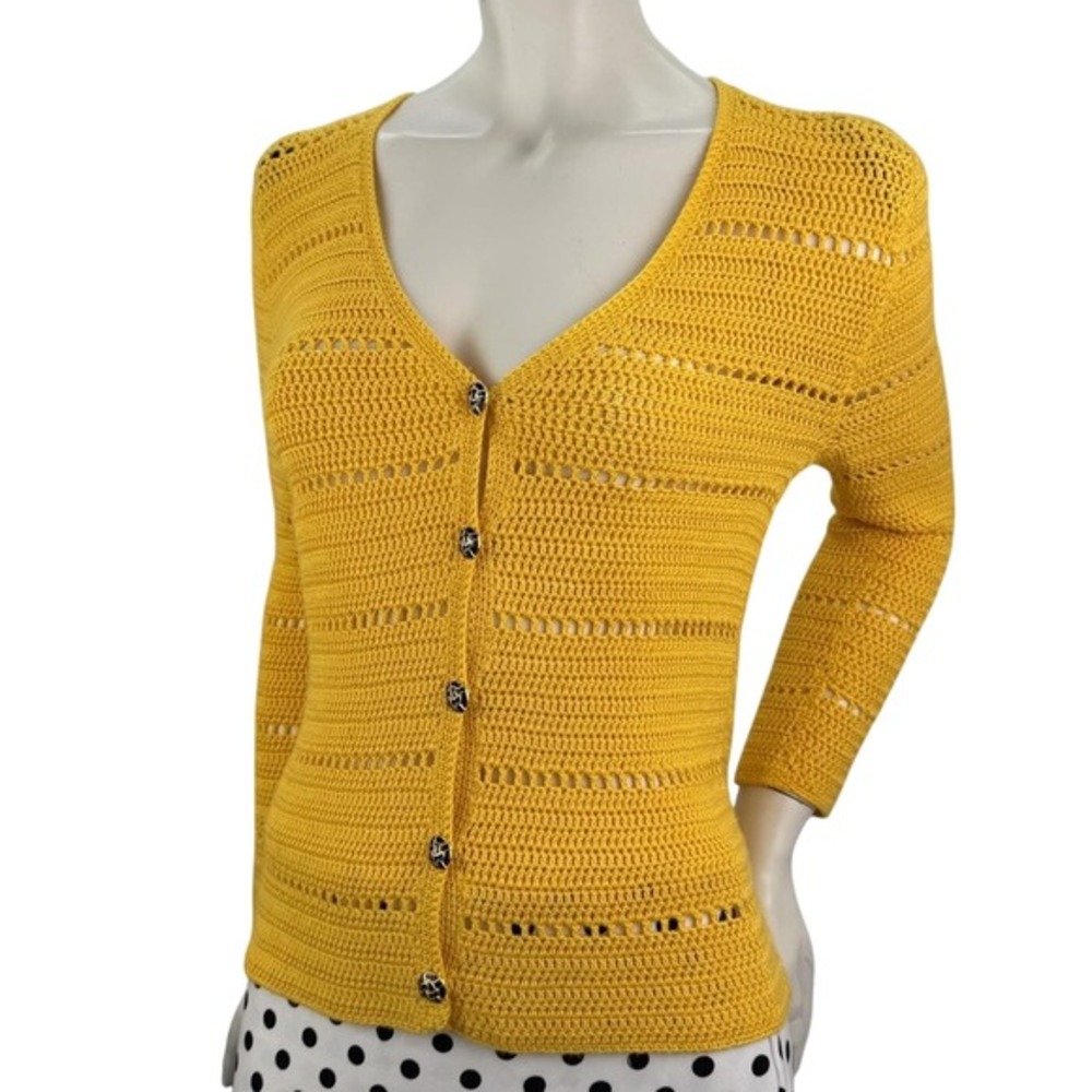 Vintage Crochet Cardigan V-Neck Yellow Gold Button Grandmacore Handmade Sz M